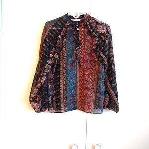 Zara boho sheer ruffle frill keyhole top blouse